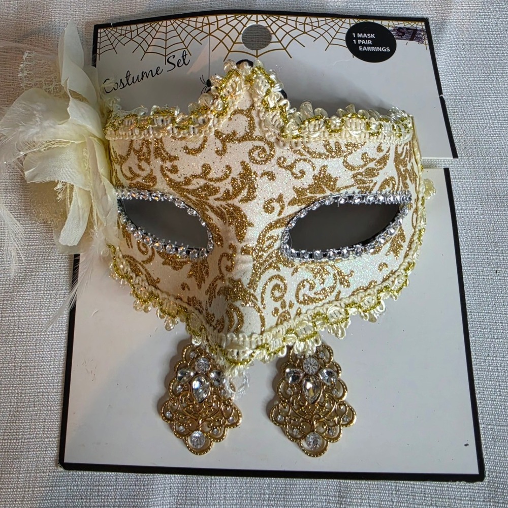 Gold Glitter Masquerade Mask and Earring Costume Set Cream White Flower Accent